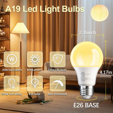 6 Pack A19 LED Light Bulbs, 60 Watt Equivalent LED Bulb, Soft Warm White 2700K, Efficient 9W, E26 Standard Base, Non