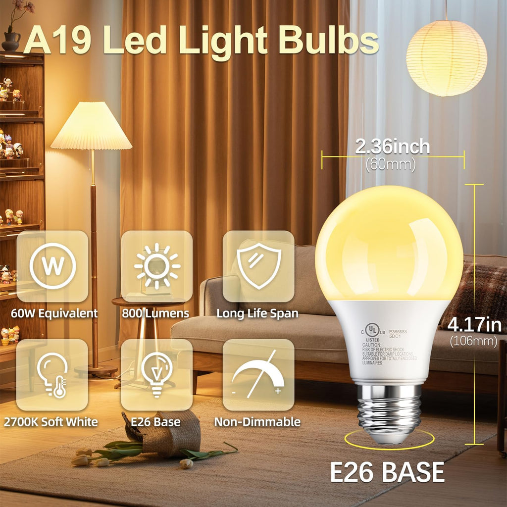 24 Pack A19 LED Light Bulbs Soft Warm White 2700K, 60 Watt Equivalent, Efficient 9W, E26 Standard Base, Non Dimmable