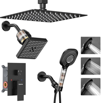 Black Shower Faucet Set with Filter, 12 inch Ceiling Mount Shower System
