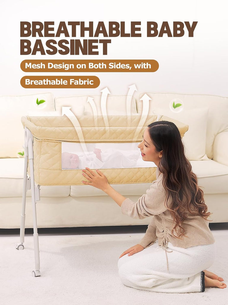 Bassinet Bedside Sleeper, Baby Bassinet with Crib Sheet and Wheels | 4 Adjustable Height Bedside Crib with Comfy