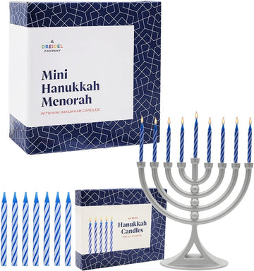 Hanukkah Silver Matte Mini with Candles Classic 5 Inch Great for Travel, Hanukkah Decor Centerpiece
