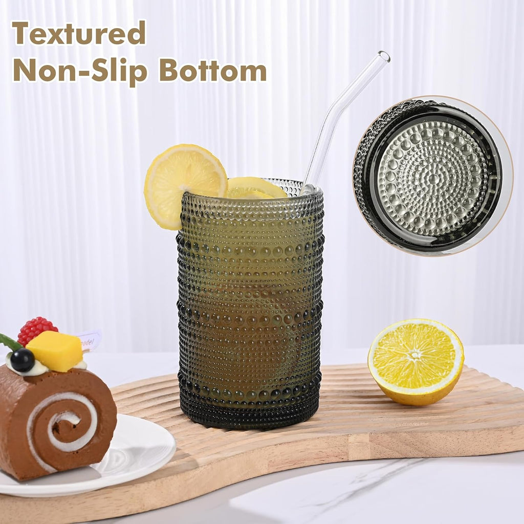 Vintage Hobnail Drinking Glasses Set of 8, Grey 12 oz & 15oz Highball Glass Cups, Kitchen Drinkware
