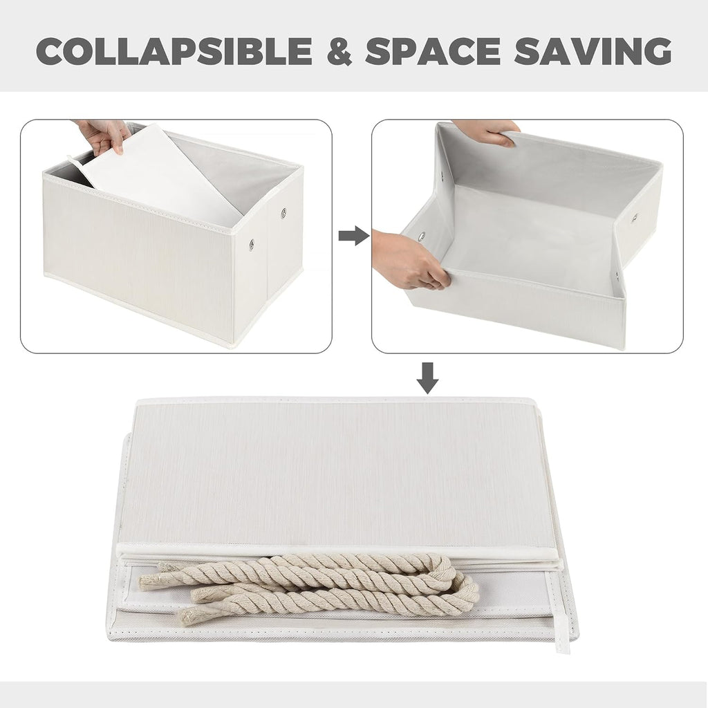 Set of 3 Fabric Bins for Organization - Foldable & Stackable With Lid & Rope Handles - Collapsible Fabric Storage