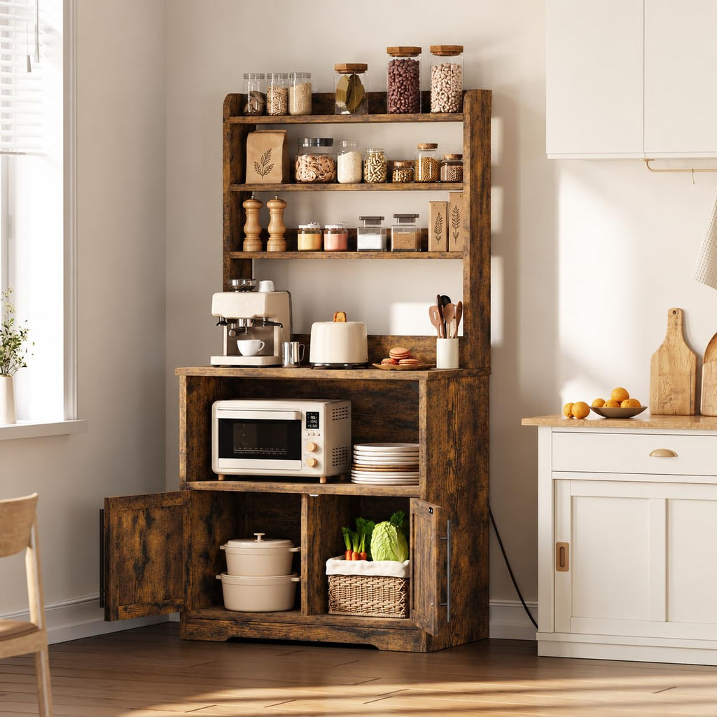 Bakers Rack With Storage Cabinet, Microwave Stand With Power Outlets, Farmhouse Bakers Rack With Thick Table Top