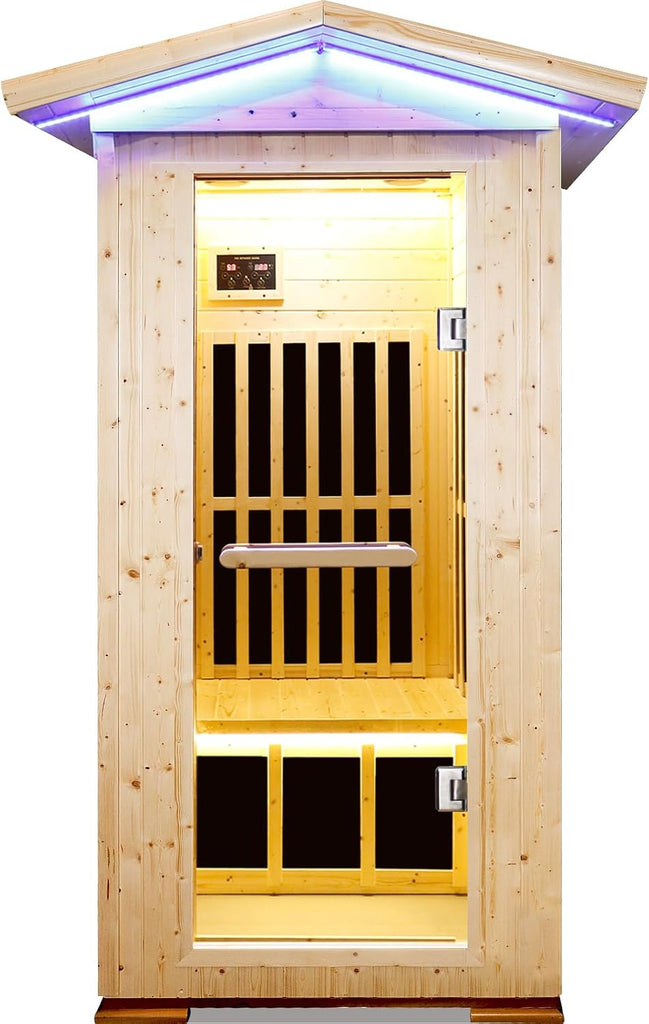 Outdoor Sauna Wooden Far Infrared Saunas Spa 1550W Low-EMF Dry Sauna Room for One Person Finland Spruce Wood