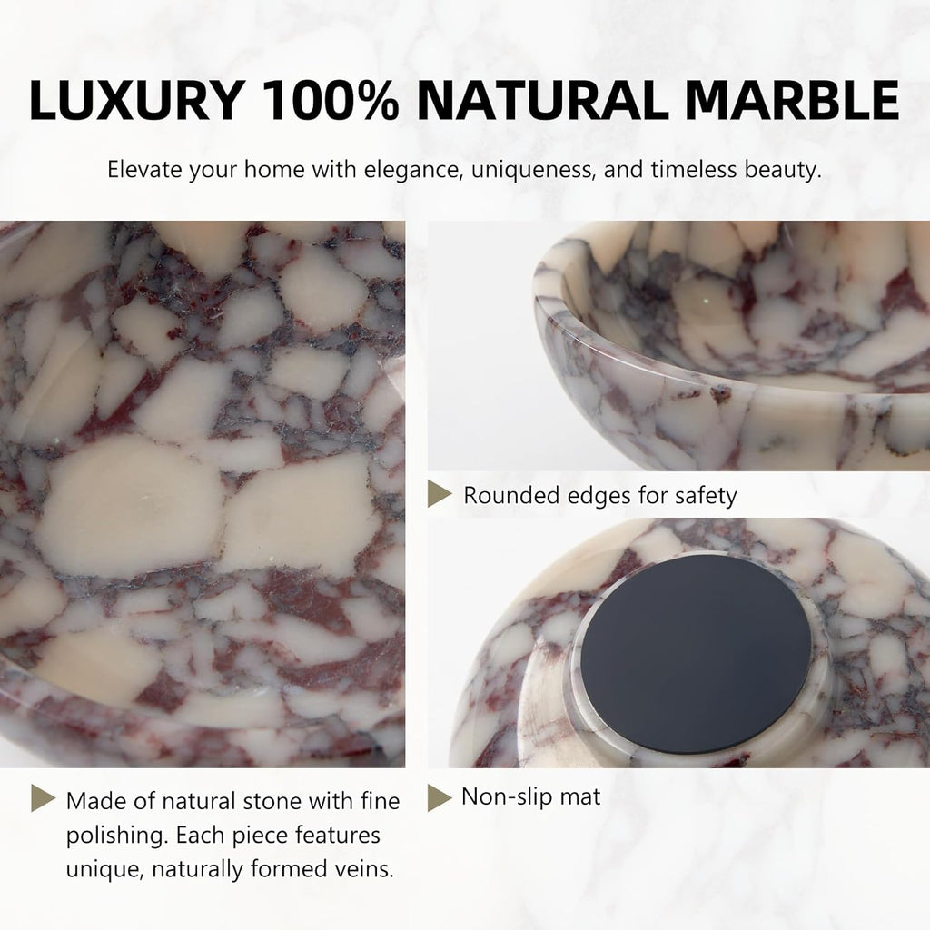 Luxury Natural Marble Decorative Bowl - Medium 7-Inch Calacatta Viola Marble for Coffee Table Centerpiece Holder