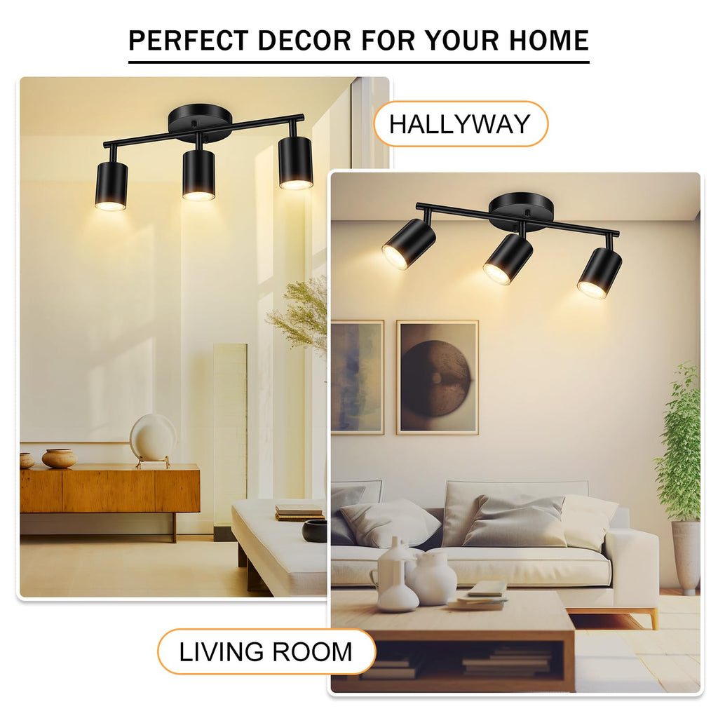 LED 3 Light Track Lighting Kit, Black 3 Way Ceiling Spot Lighting, Flexibly Rotatable Light Head, GU10 Bulb Not