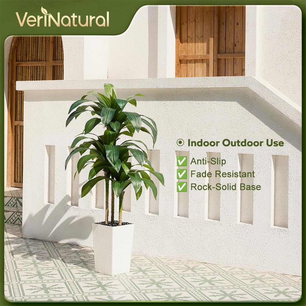 Artificial Dracaena Tree 5FT - Fake Tree with White Taper Planter & Pebbles - UV Resistant Faux Yucca Tropical Plant