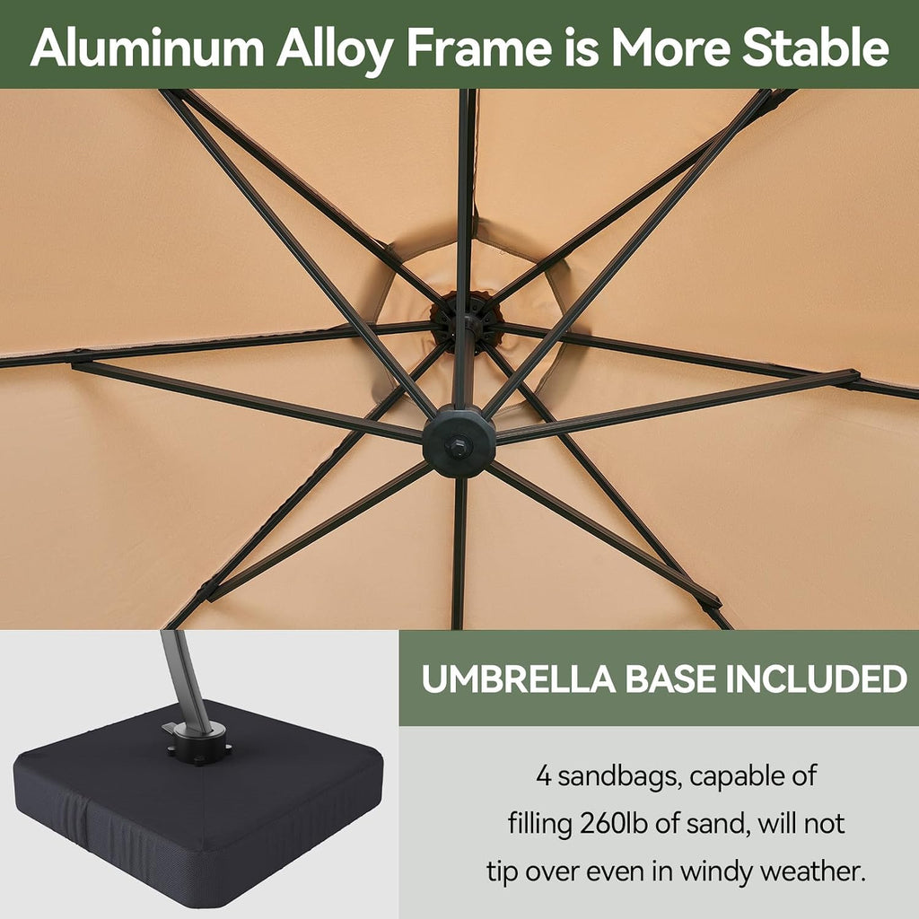 11 FT Cantilever Umbrella with led Light, Patio Large Aluminum Offset Umbrella Windproof with 360°Rotation