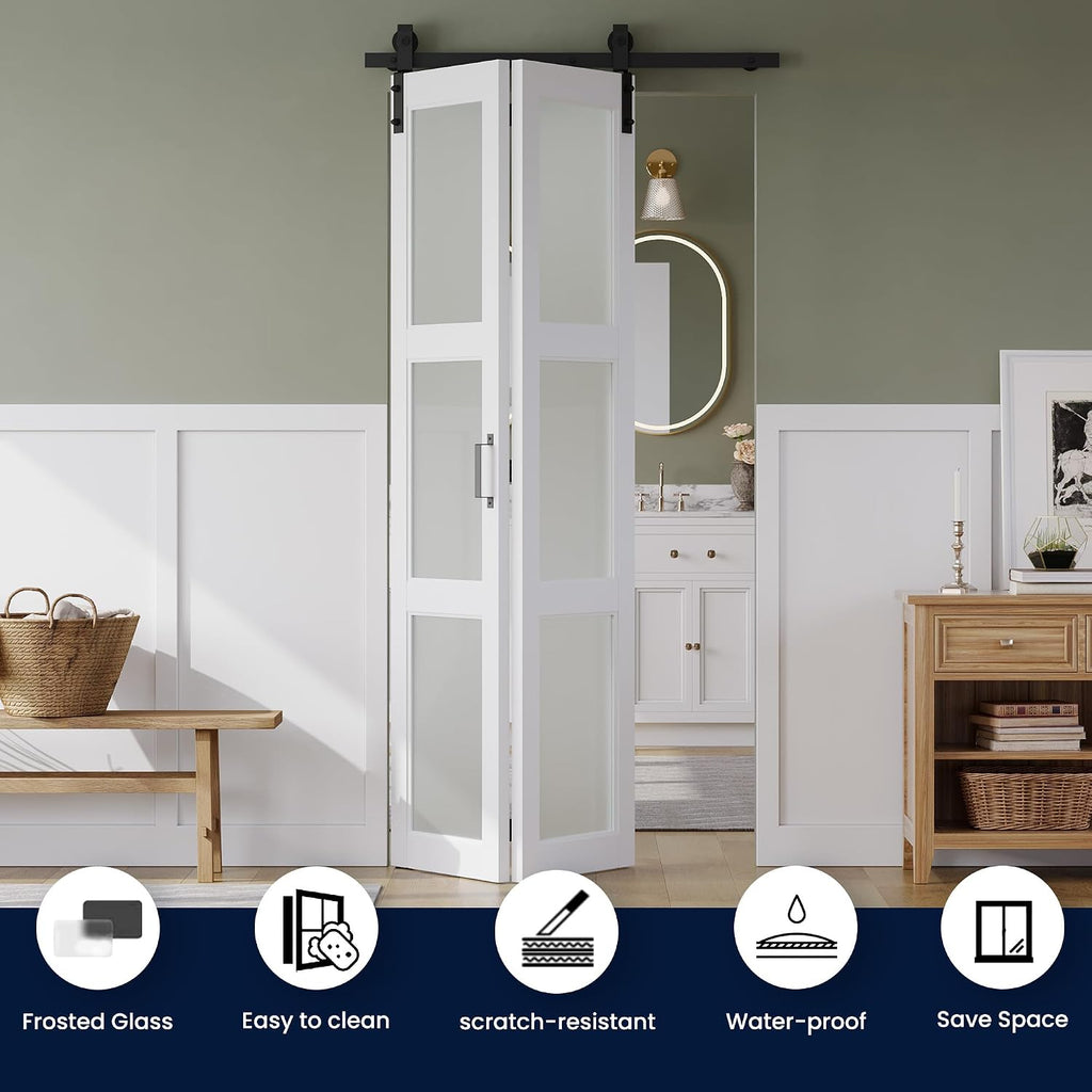 28in x 84in Bifold Barn Door, Frosted Glass Barn Door with Hardware Kit Included, Pre-Drilled Holes Easy Assembly