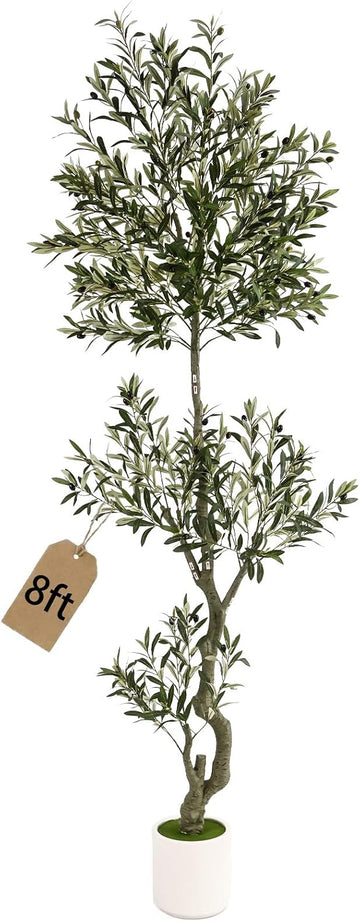 8ft Spherical Fake Olive Tree Artificial Indoor,Faux Olive Tree with Pot,Large Olive Branches and Lifelike Fruits