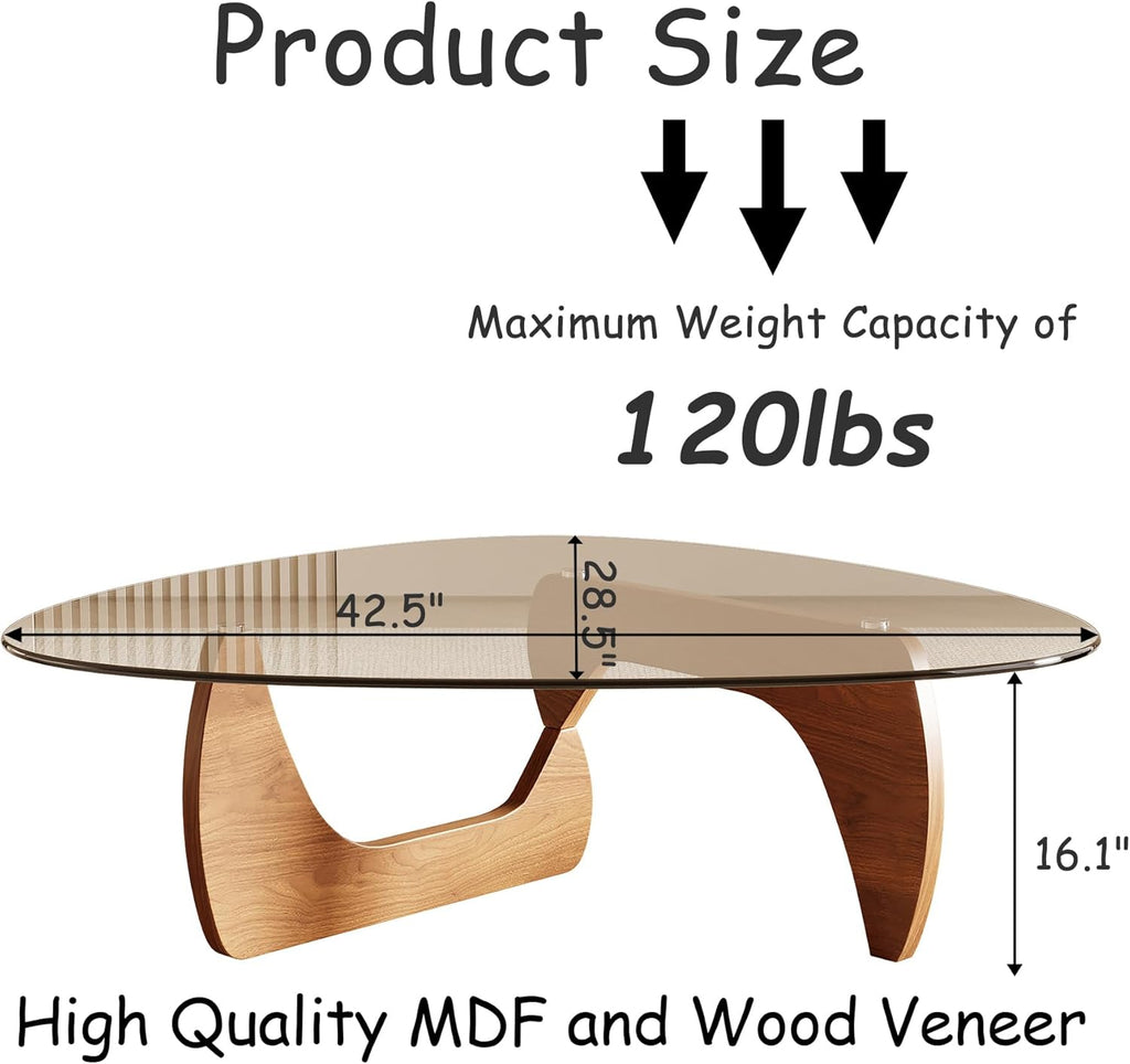Morden Coffee Table, 42.5" x 28.5" x 16.1" Triangle Tempered Glass Top, Color: Natural Wood
