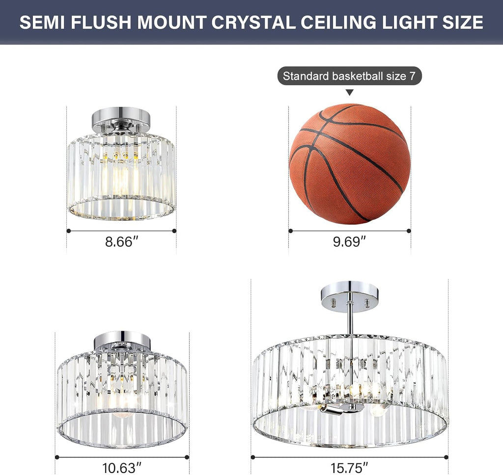 Crystal Chrome Semi Flush Ceiling Light 8.66 Inch | Modern Metal Close To Ceiling Light Fixture Bedroom Kitchen