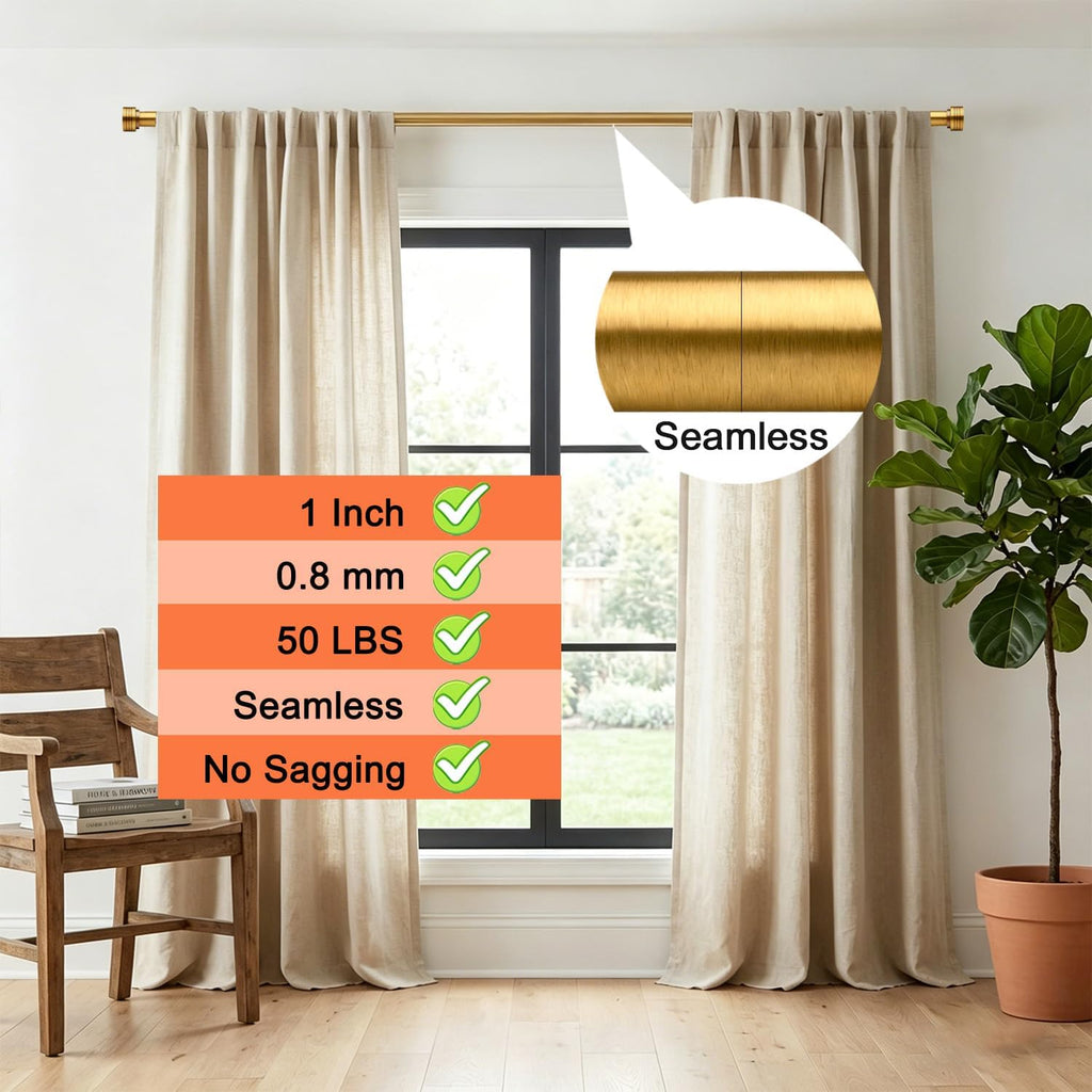 Brass Curtain Rods for Windows 18-88 Inch,Adjustable Length | 1 Inch Diameter Heavy Duty Curtain Rod /Door