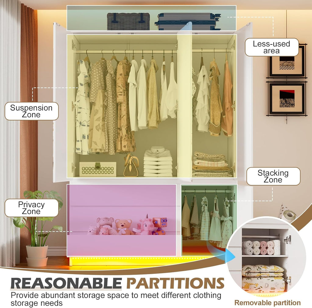 3 Doors Armoire Wardrobe Closet, 72.83" H Bedroom Armoires | Clothing Storage Cabinet with Mirror & Lights, 3