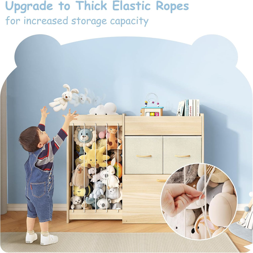 Toy Storage Organizer with Stuffed Animal Holder, Solid Wood Kids Toy Shelf with 2 Drawers, Rolling Toy Chest and Top