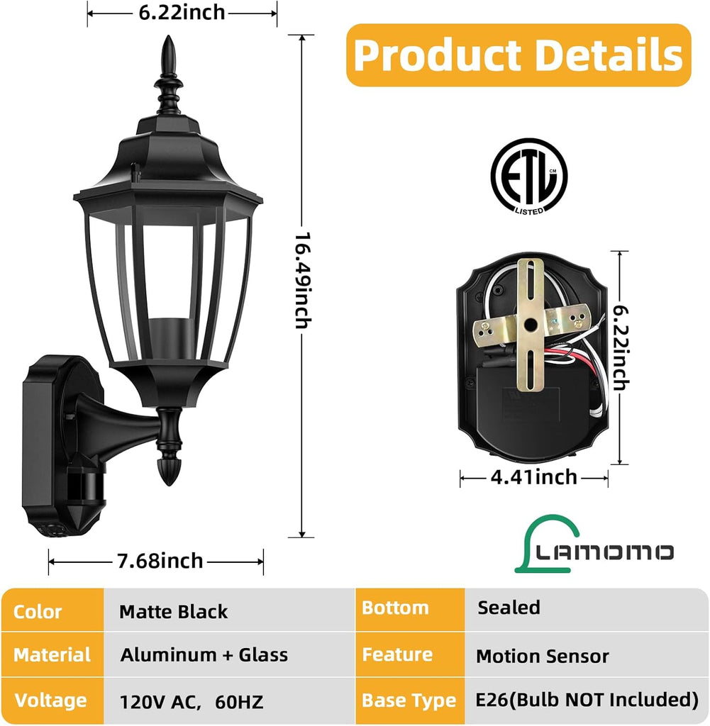 Outdoor Wall Sconce, 2 Pack Dusk to Dawn Motion Sensor Light Fixtures