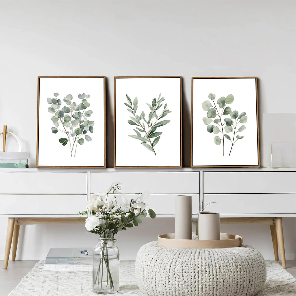 3 Piece Green Botanical Framed Wall Art Boho Eucalyptus Leaf Canvas Art Prints Watercolor Plant Pictures Wall Decor