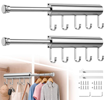 Valet Rod for Closet Pull Out 12 Inch with 5 Hooks - Chrome 2 Pack