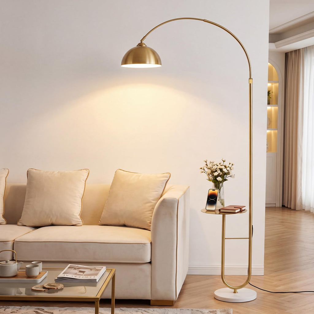 Gold Arc Floor Lamp with Table, Stepless Dimming & Remote, E26 Bulb Included
