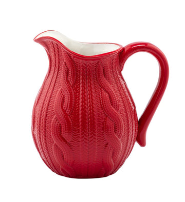 6 inch Rustic Red Ceramic Cozy Cable Knit Pitcher Festive Holiday Decor & Dinner Party Drinkware
