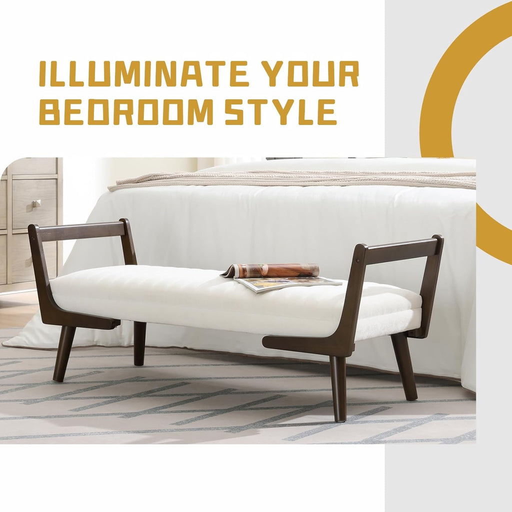 52" Upholstered Bench, Beige Chenille, Walnut Legs | Mid-century modern ottoman with high-resilience foam, sturdy