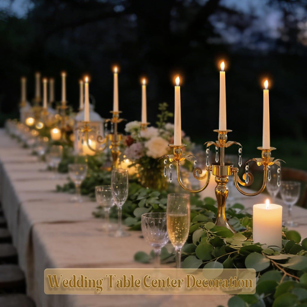 Metal 3 Arm Candelabra with Crystal Pendants - 11.8 Inch Tall Candle Holders, Set of 2 - Elegant Taper Candlestick