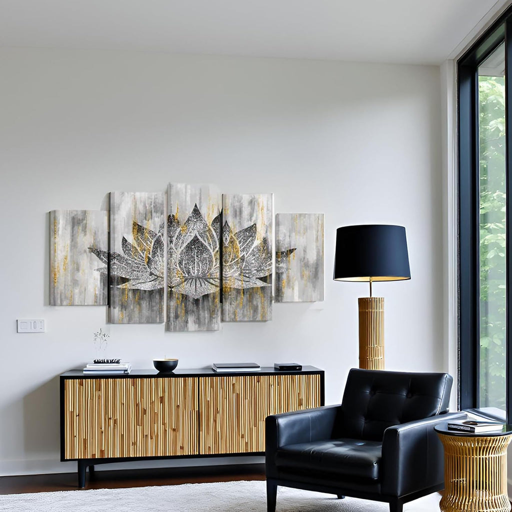 5 Panel Lotus Flower Wall Art Trendy Silver Golden Flower Painting Canvas Prints Zen Lotus Picture Artwork Yoga