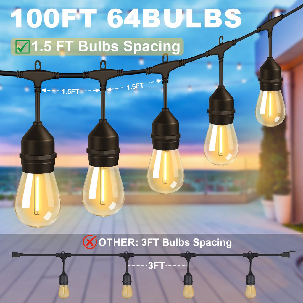 Outdoor String Light 64Bulbs (1.5FT Bulbs Spacing), 120W Dimmer Remote