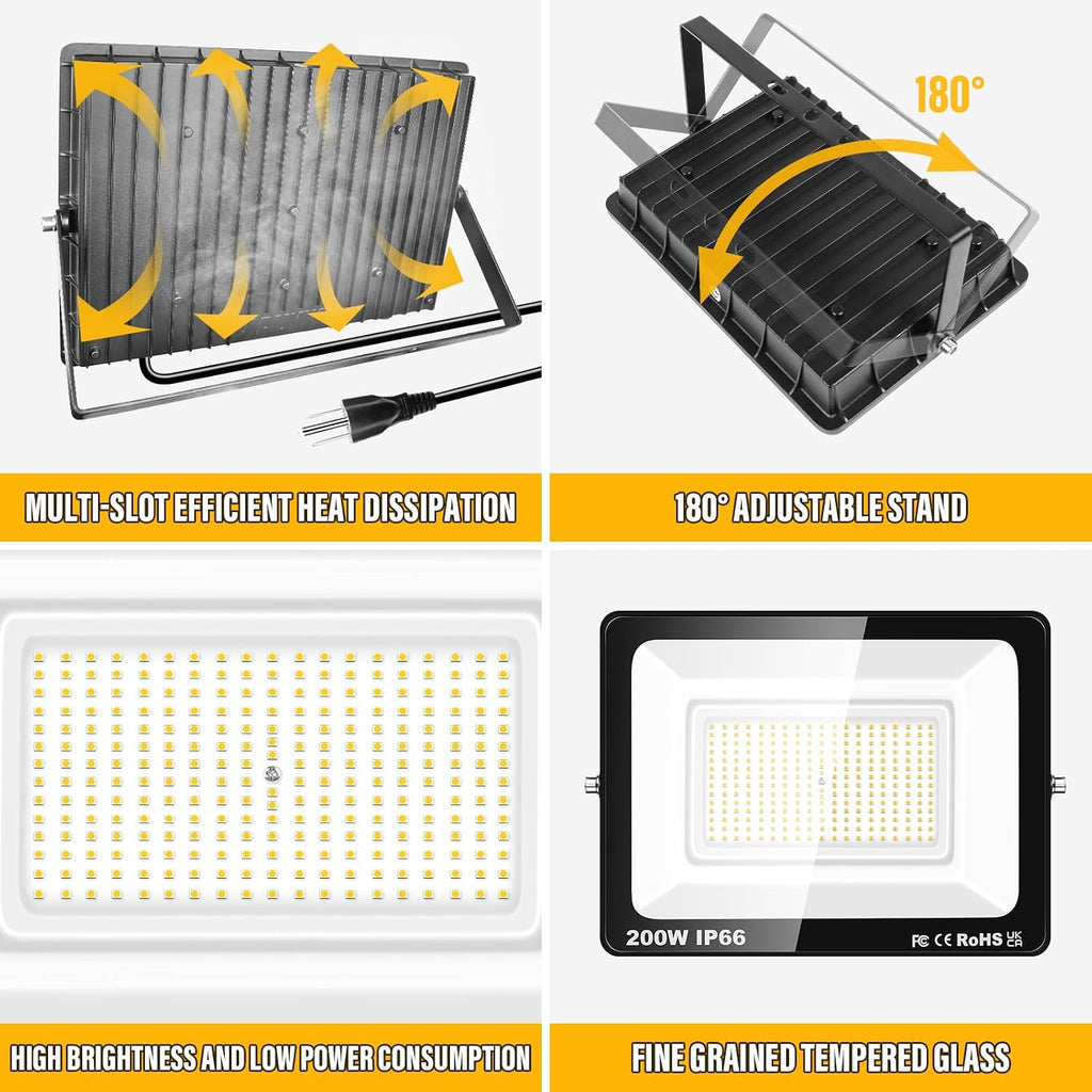 200W LED Flood Lights Outdoor,20000lm Exterior Security FloodLight with Plug, 6000K Work Light with IP66 Waterproof
