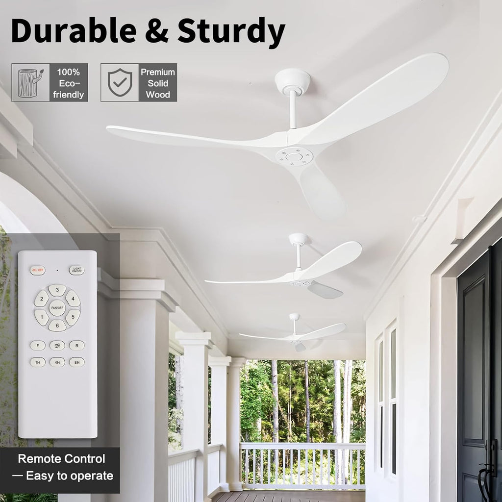Inspired Maverick Style 72" White Wood Ceiling Fan with Solid Wood Blades,Indoor/Outdoor 3-Blade DC Motor Ceiling Fans,Remote Control,6-Speed Silent Reversible Motor,Rustic Wooden Ceiling Fan for Patio,Living Room,Bedroom