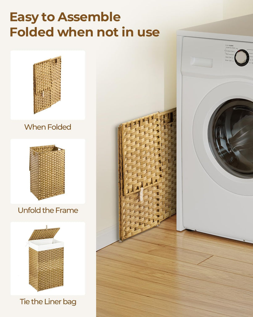 Laundry Hamper with Lid, 60L Clothes Hamper with 2 Removable Liner Bags & 2 Mesh Laundry Bags, Handwoven Synthetic