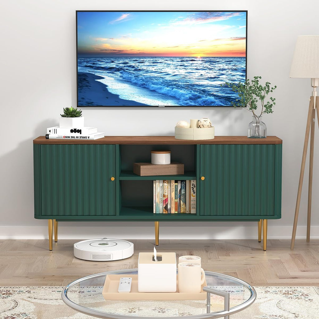 55" Fluted TV Stand, Mid Century Modern Green TV Stand for 55/60/65 inch TV, Entertainment Center with Storage