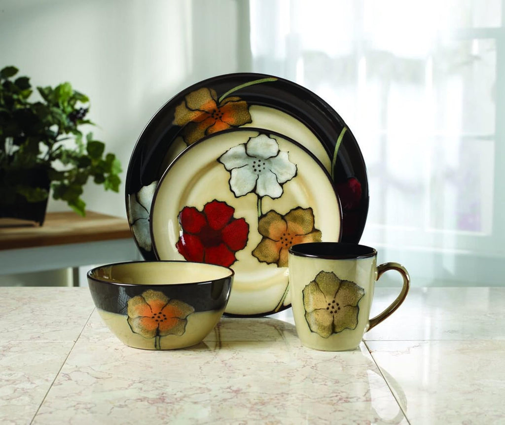 Painted Poppies 16-Piece Dinnerware Set, Service for 4, Colorful Floral Stoneware Plates, Bowls, and Mugs