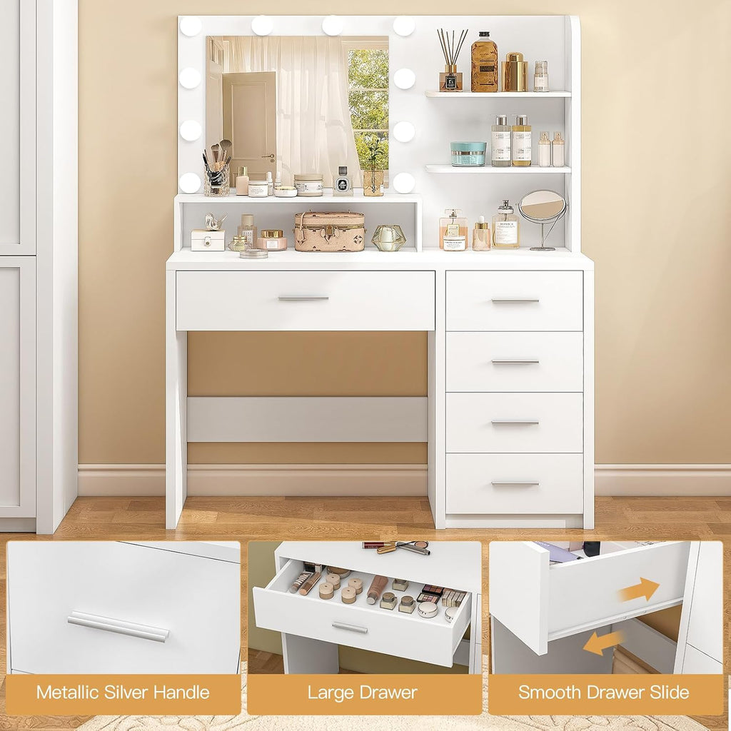 Vanity Desk with Mirror & Lights, Makeup Vanity with 5 Drawers & Storage Shelves, White Vanity Table, 3 Color Modes &
