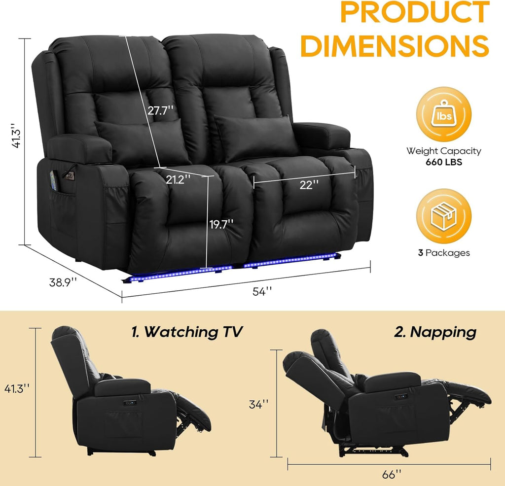 54" Power Loveseat Recliner Sofa, Electric Home Theater Seating with Massage Heat/4 Colors Ambient Lights/USB