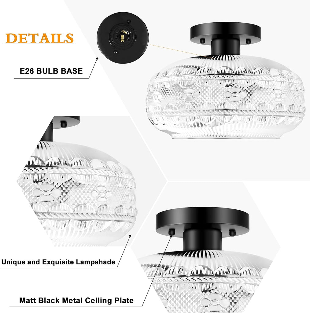 Semi Flush Mount Ceiling Light Fixture Black,Vintage Hallway Light Fixture Ceiling,Globe Glass Light Fixtures Ceiling