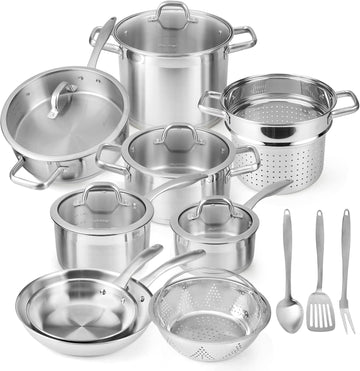 Professional Stainless Steel Pots and Pans Set, 17PC Induction Cookware Set, Impact-bonded Technology | Family