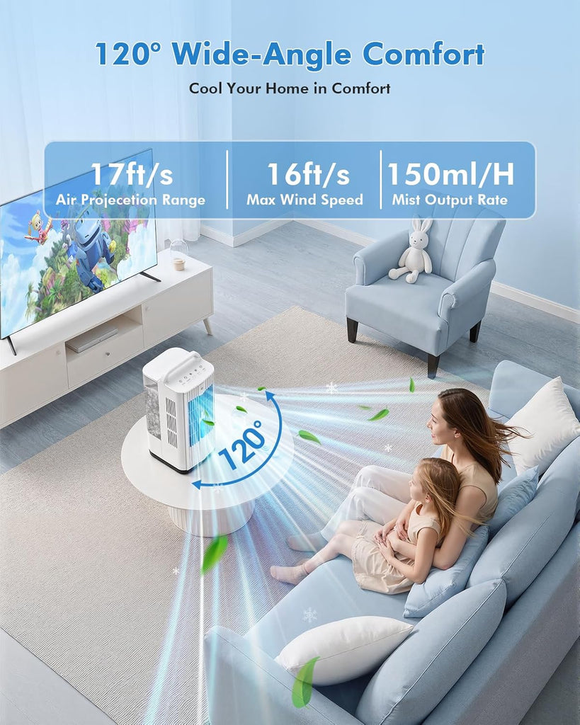 4-in-1 Portable Air Conditioners: 1700ml Tank Mini Air Conditioner with 120° Oscillating 16.5ft Remote