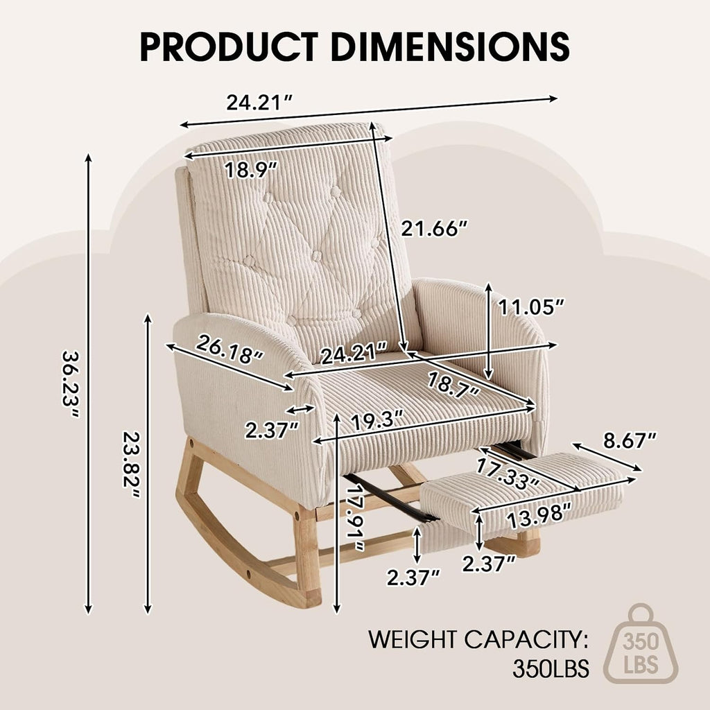 Modern Nursery Rocking Chair with Footrest, Corduroy Upholstered Recliner Glider Chair with Diamond Shape Back