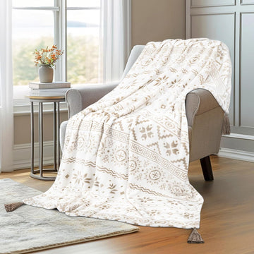 Flannel Boho Blanket, Country Western Aztec Blanket, Southwestern Throw Blankets with Tassel, Soft Cozy Printed