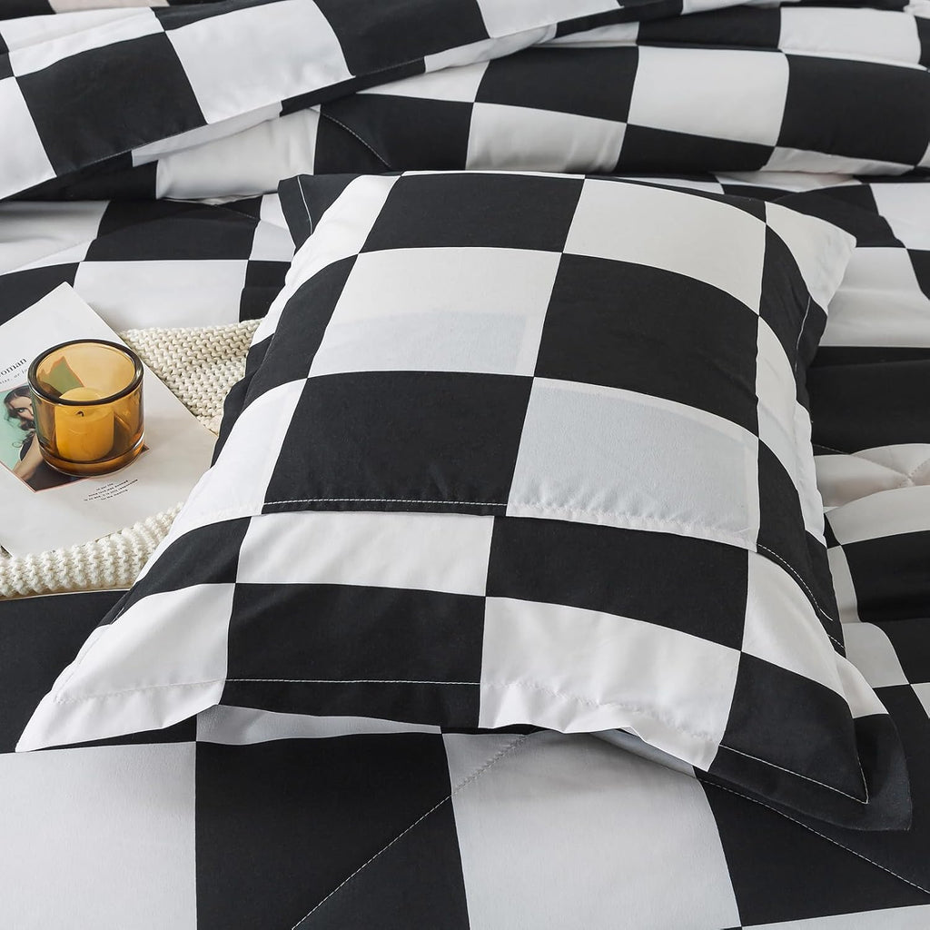 Black and White Checkered Comforter Set, Plaid Checkered Boys Bedding Set for All Seasons, Farmhouse Soft