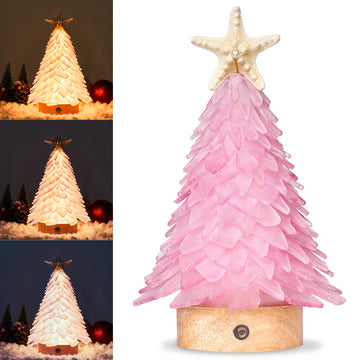 Handcrafted Pink Sea Glass Christmas Tree with LED Lights Table Centerpiece