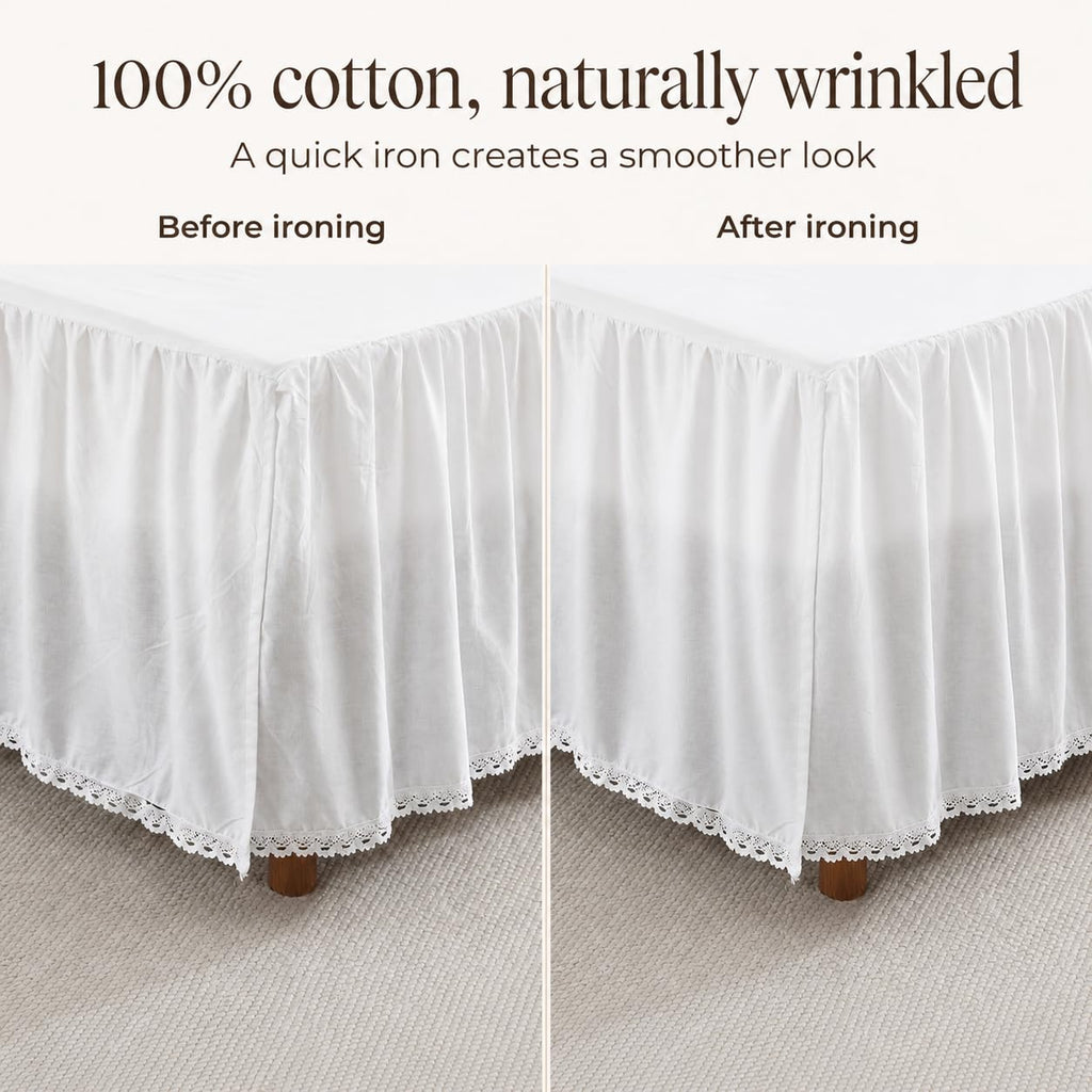 White Bed Skirt, 14-Inch Drop, 100% Cotton, Split Corners