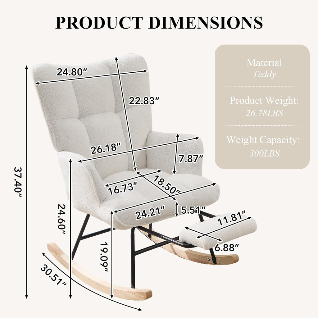 Nursery Rocking Chair with Footrest, Teddy Upholstered Glider Rocker with Side Pocket, Leisure Rocker Chair with High