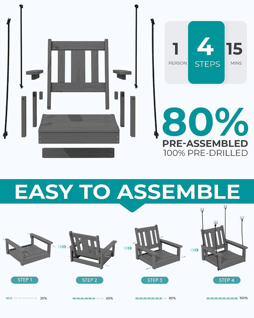 HDPE Single Porch Swing Set of 2, Heavy Duty Single Person Swing Chair with 2 Polypropylene Hanging Ropes, Adirondack