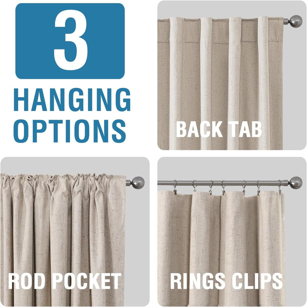 100% Blackout Curtains for Bedroom, Back Tab/Rod Pocket Faux Linen Black Out Cute Curtains 2 Panels