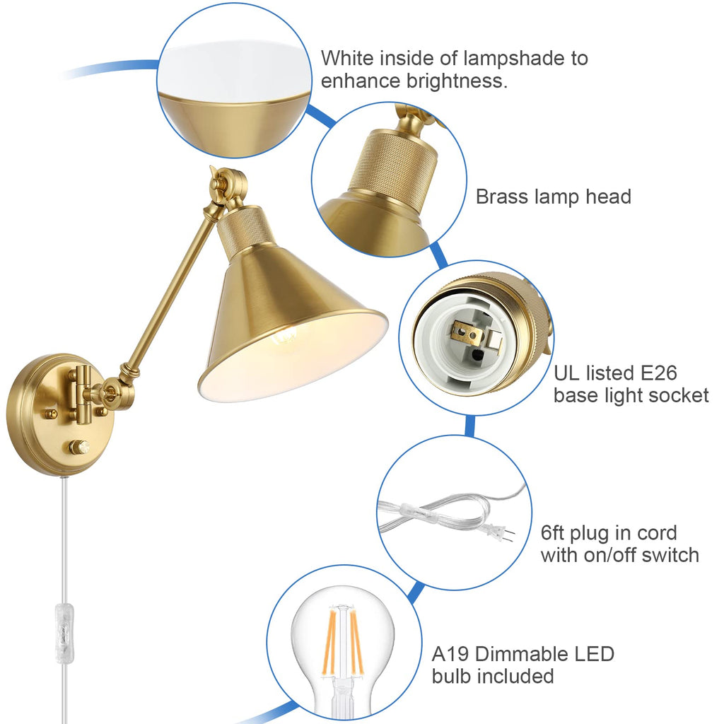 Wall Sconce Plug in, Dimmable Wall Sconces Set of 2 Wall Lights with Plug in Cord and Dimmer On/Off Knob Switch