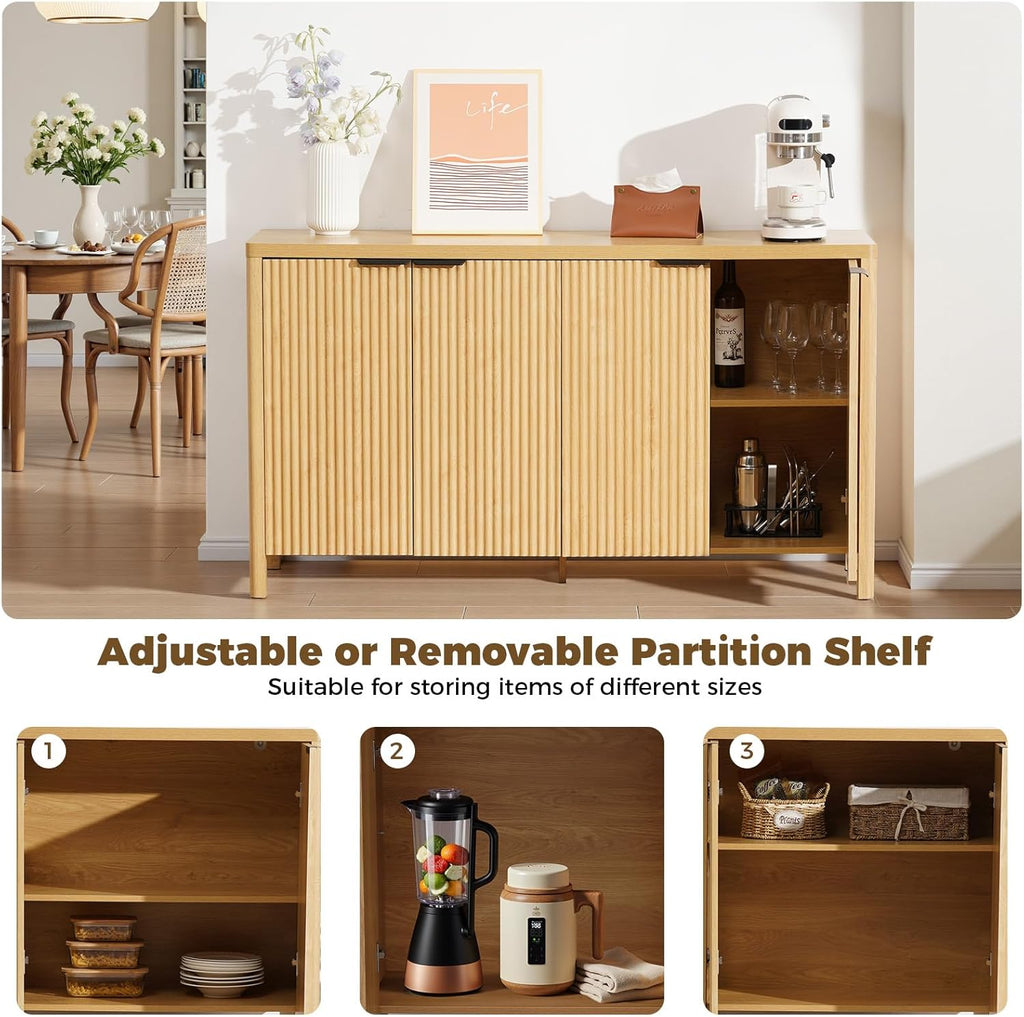 55'' Sideboard Buffet Cabinet with Storage Fluted Sideboard Buffet with Adjustable Shelves Coffee Bar Console Table