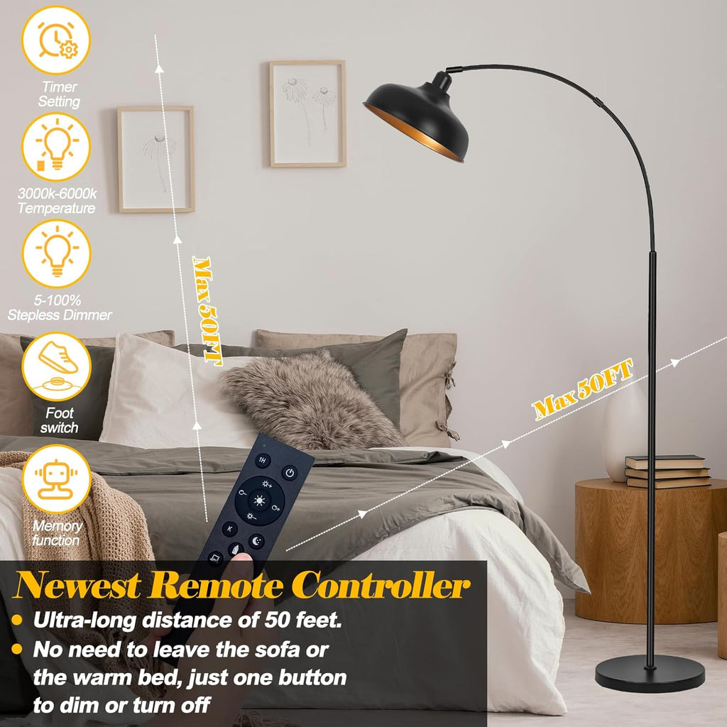Arch Floor Lamps with Remote - Dimmable Floor Lamp 70”, Black Tall Lamp with 360° Adjustable Hanging Metal Shade